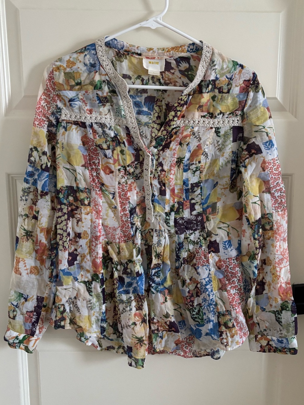 Maeve Abella Pintuck Multi-Color Floral Patchwork Blouse - Cream Base - Picture 2 of 5